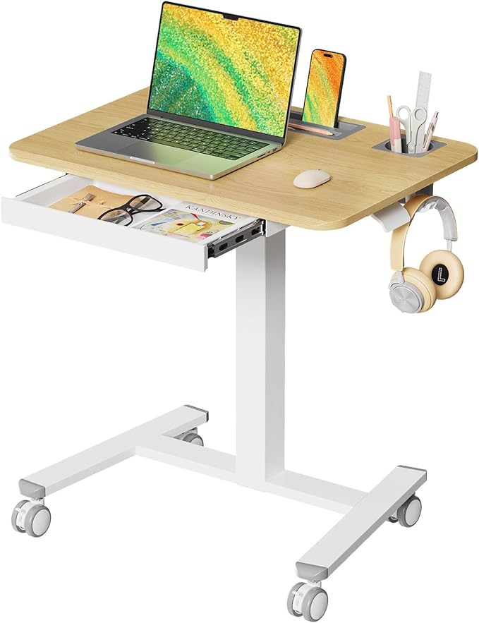 Mobile Standing Desk with Drawer, 28" Rolling Desk with Cup Holder and Hooks, Portable Laptop Workstation on Wheels, Height Adjustable Cart with Storage for Home Office, Maple