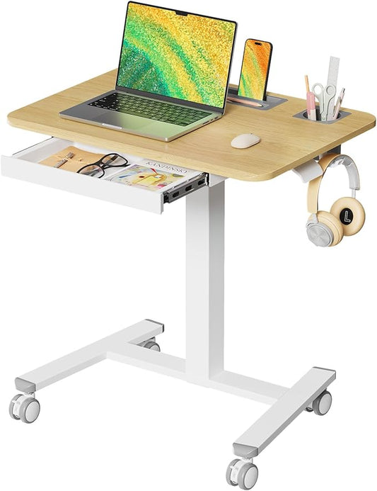 Mobile Standing Desk with Drawer, 28" Rolling Desk with Cup Holder and Hooks, Portable Laptop Workstation on Wheels, Height Adjustable Cart with Storage for Home Office, Maple