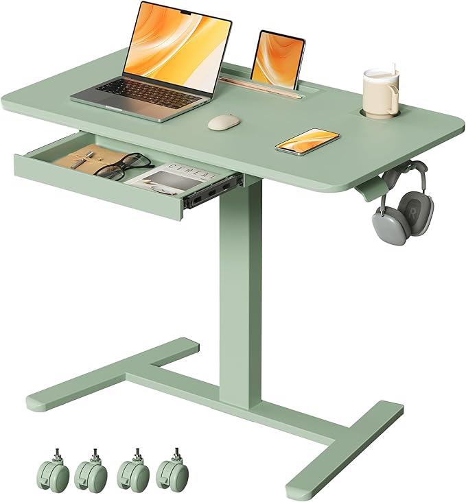 Mobile Standing Desk with Drawer, 35" Small Standing Desk with Cup Holder, Rolling Laptop Cart on Wheels, Height Adjustable Table with Storage for Home Office, Sage Green