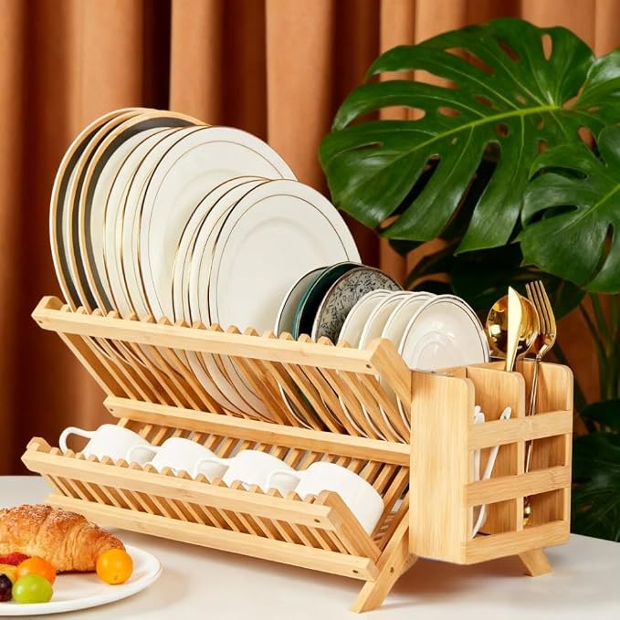 QUEENKAY Dish Drying Rack Collapsible 2-Tier Bamboo Dish Rack for Kitchen Counter Wooden Dish Drainer with Foldable Space-Saving Design for Dishes, Plates, and Cups