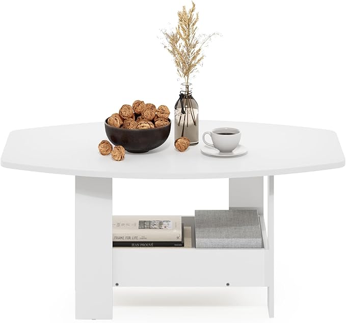 Furinno Simple Coffee Table with Lower Shelf, 2-Tier Modern Coffee Table, Roundecorner Side Table, for Living Room, Bedroom, Home Office, Plain White