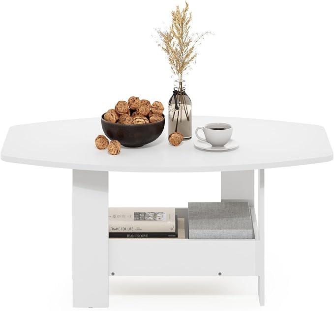 Furinno Simple Design Coffee Table, 2-Tier Modern Center Table with Lower Shelf, Round Corner Side Table, for Living Room, Bedroom, Home Office, White