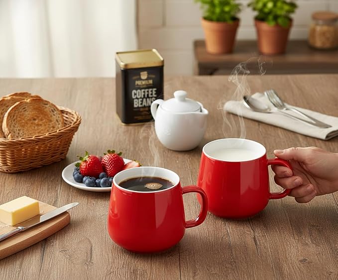 Teocera Coffee Mugs Set of 6-12oz Chip-Resistant Ceramic Cups with Ergonomic Handle | Dishwasher & Microwave Safe Red Mugs | Keeps Beverage Hot, Perfect for Family Kitchen & Holiday Gifts
