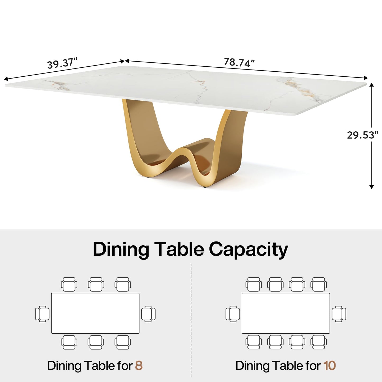 Tribesigns 78.74" Sintered Stone Dining Table for 6-8, Modern Rectangle Dining Table, Luxury White & Gold Kitchen Table with Stone Slate Katakin Tabletop & W-Shaped Stainless Steel Base (Only Table)