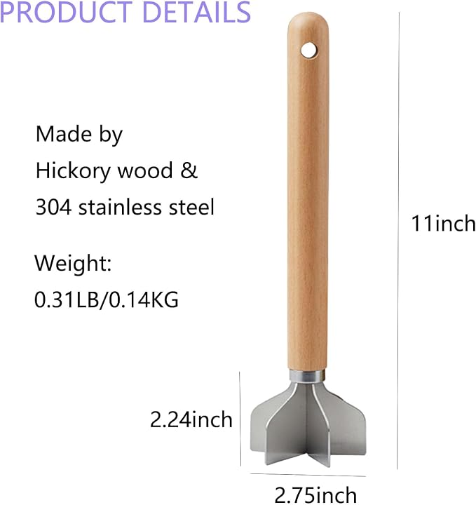 304 Stainless Steel Meat Chopper,6 Blade Ground Beef Masher with Wooden Handle, 11 Inch Potato Masher, Metal Meat Masher for Kitchen