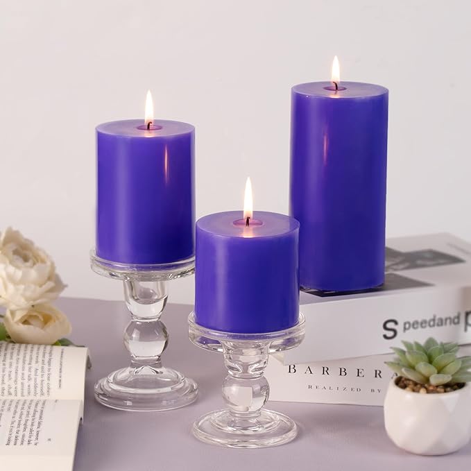 KONNI Violet Pillar Candles Set of 3, 3"x 3" Unscented Pillar Candles Bulk, 30 Hours Long Burning Candles, Smokeless and Dripless Large Round Candle for Wedding, Home Decoration, Parties, Spas, Dinner