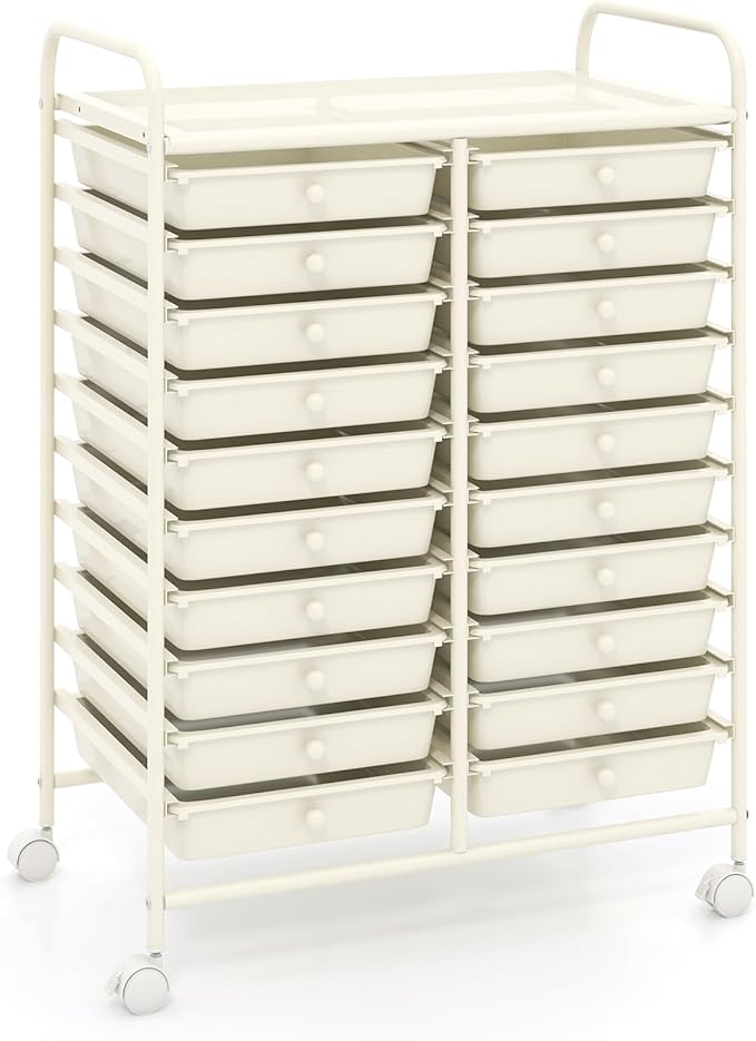 COSTWAY 20-Drawer Rolling Storage Cart, Utility Storage Organizer Cart for Tools, Scrapbook, Paper, Craft, Multipurpose Storage Trolley on Wheels for Home Office School, Ivory White