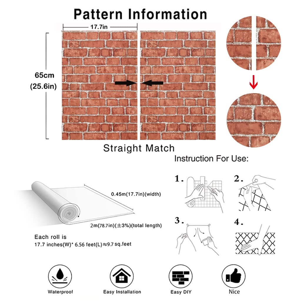 Naphite Red Brick Peel and Stick Wallpaper 3D Faux Brick Contact Paper for Cabinets/Drawers Self Adhesive Removable Wallpaper Wrapping Paper Backsplash Fireplace Kitchen Waterproof 17.7inW 78.7inL