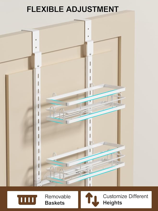 Delamu 9-Tier Over the Door Pantry Organizer, Adjustable Pantry Door Organizers and Storage, Metal Hanging Basket Wall Spice Rack Seasoning Organizer, Door Organizer Kitchen Bedroom Bathroom,12"White