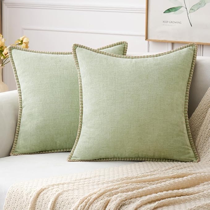 MIULEE Pack of 2 Summer Throw Pillow Covers 16x16 Inch Light Green Farmhouse Decorative Pillow Covers with Stitched Edge Soft Chenille Solid Dyed Pillow Covers for Couch Sofa Bed Living Room