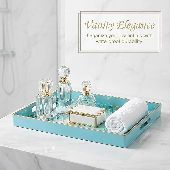 Decorative Tray, Marbling Plastic Tray with Handles, Rectangular Vanity Tray and Serving Tray for Bathroom, Kitchen, Ottoman and Coffee Table, 15.6" x 10.2" (Golden Blue)
