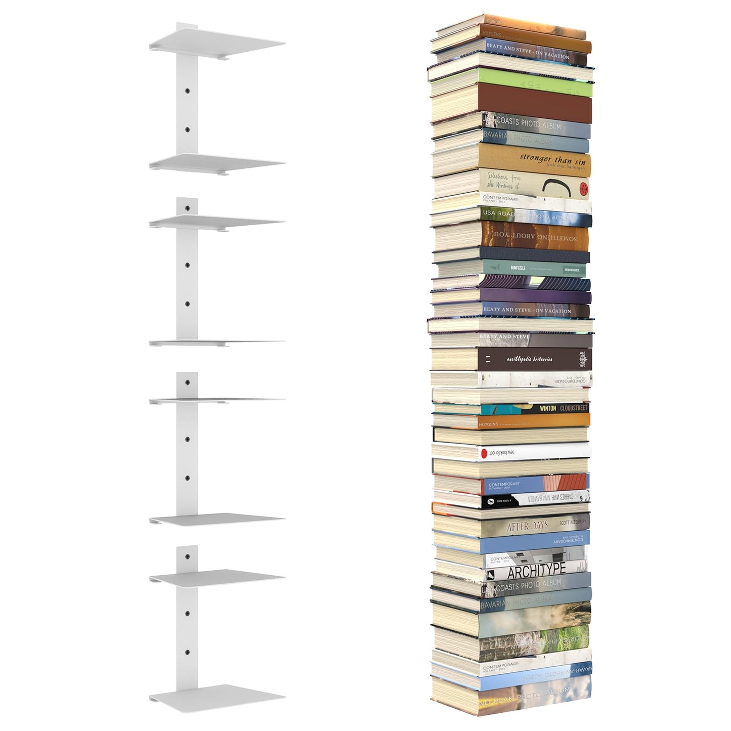 Mefirt Invisible Floating Bookshelves for Wall, 8 Tier Vertical Spine Book Tower, Heavy Duty Floating Book Shelves Metal Book Organizers for Home Office, 4 Pack(White)
