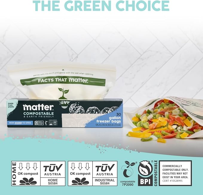 Matter Compostable Gallon Freezer Bags for Food Storage, Eco-Friendly, Resealable, Food Storage Bags, 30 Count