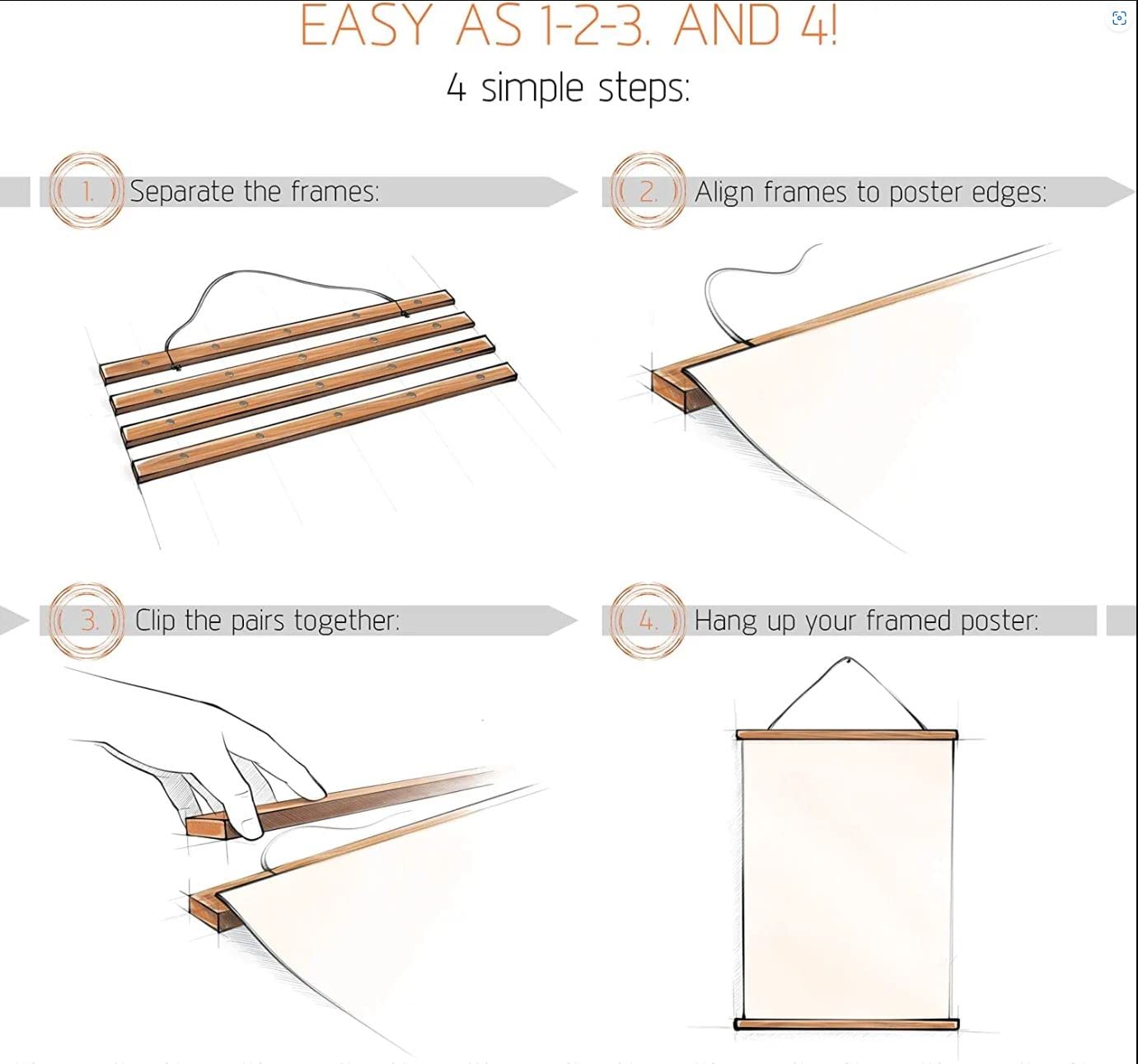 Niwo ART - Magnetic Poster Hanger Frame, 12x18 12x16 12x24 Light Wood Wooden Magnet Canvas Artwork Print Dowel Poster Hangers Frames Hanging Kit (Walnut, 12")