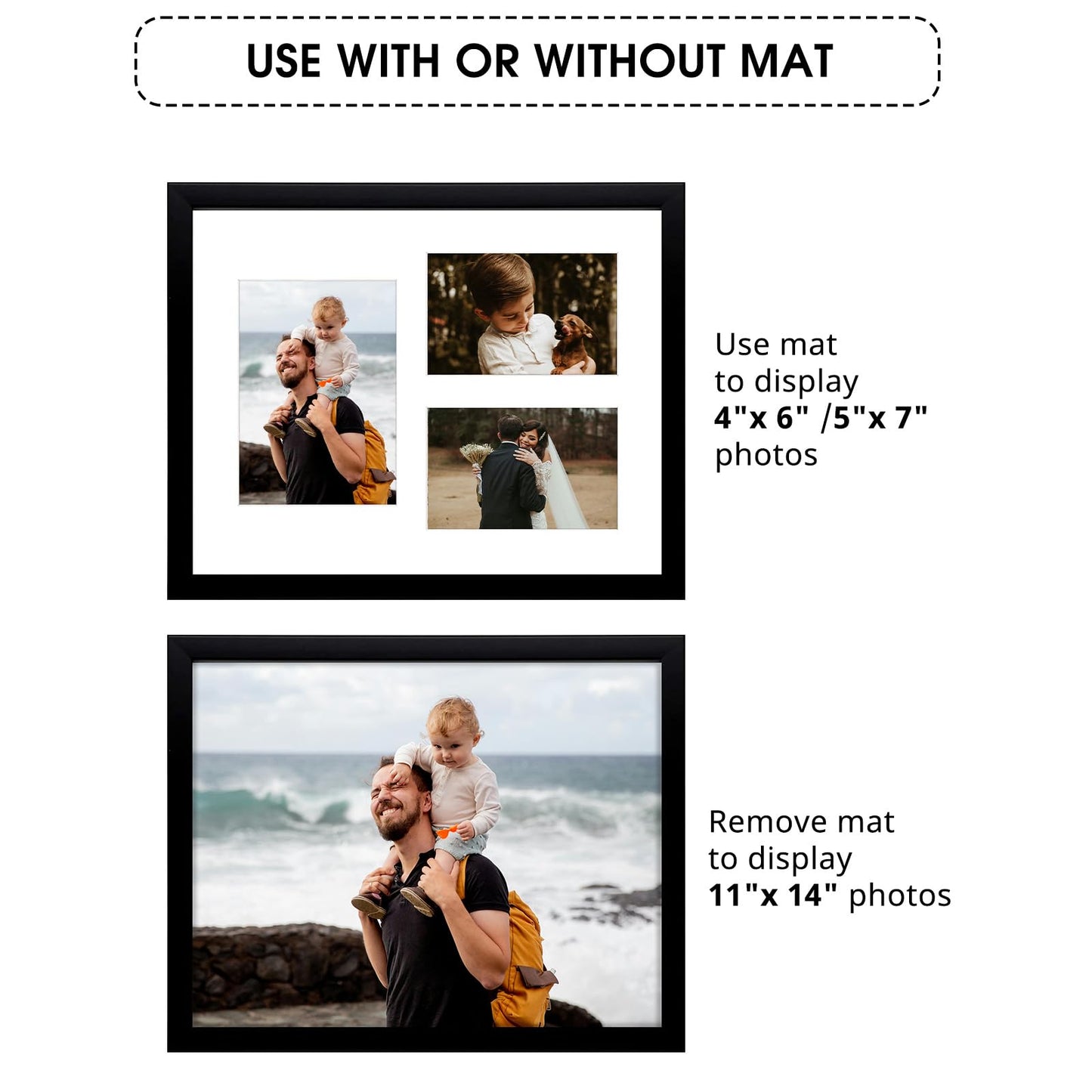 Golden State Art, 11x14 Black Wood Picture Frame - White Mat for 5x7 and 4x6 Photos - Real Glass, Sawtooth Hanger, Swivel Tabs - Wall Mounting - Great for Posters, Weddings, and Engagements