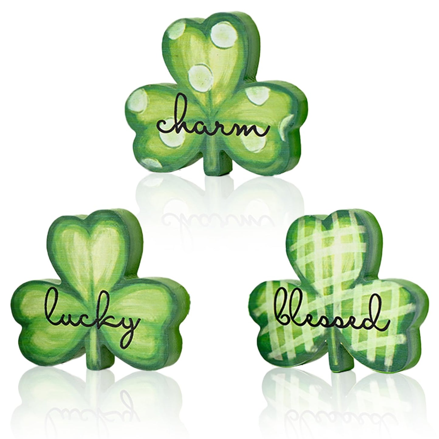 Smile St.Patrick's Day Wooden Shamrock Block Decor Set of 3 Lucky Blessed Charm Clover Ornaments, Tabletop Shelf Lucky Decoration