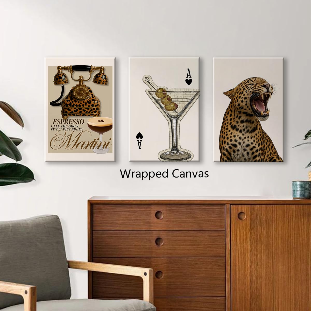 XMJJQQ Fashion Cheetah Painting Poster, Leopard Telephone & Espresso Martini Canvas Wall Art, Spade Poker Cocktail Picture Bar Cart Wall Decor, Set of 3 Chic Girly Dorm Bedroom Print 8x12in Unframed