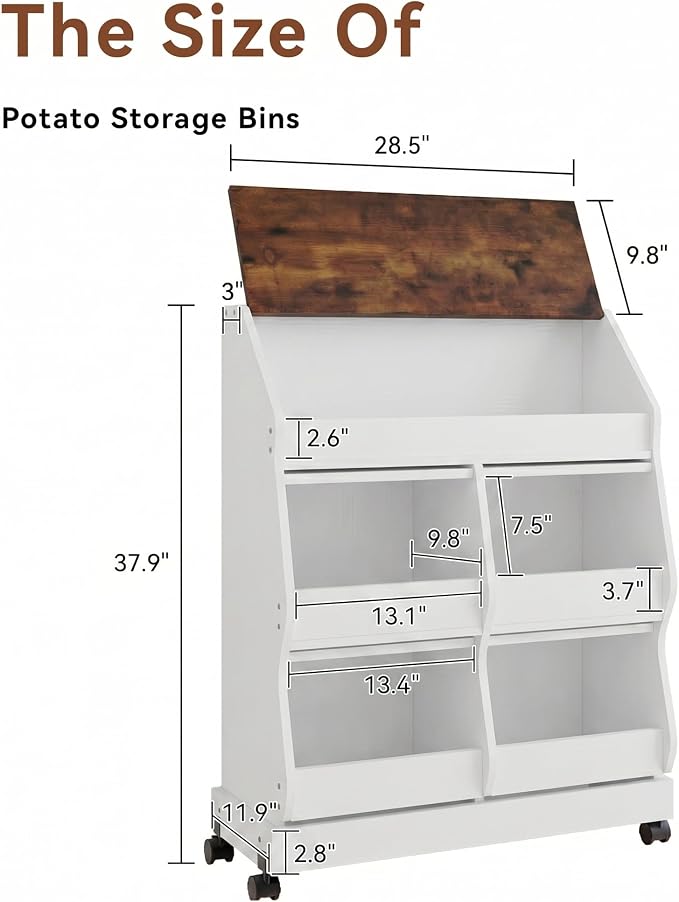 ARTETHYS Potato and Onion Storage Bin with Wheels, 3 Tier Bread Container with Lid, Ventilated Vegetable Organization Cabinet for Kitchen