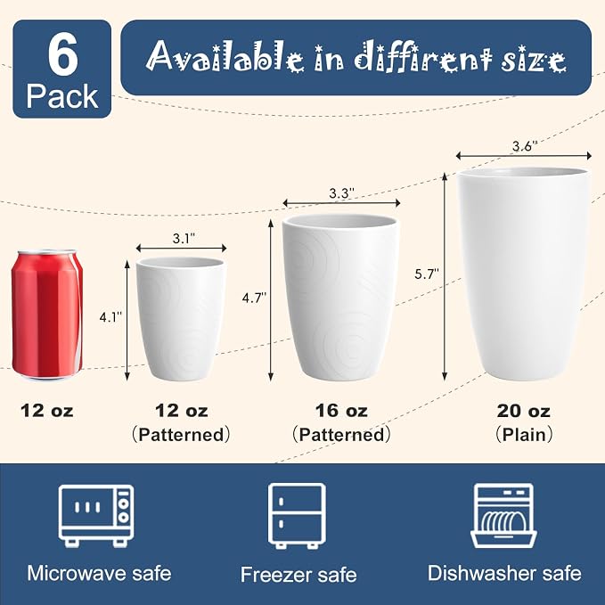 Wheat Straw Unbreakable Cup, 20 OZ Reusable Water Drinking Glasses Sets of 6, Lightweight Glass Cups, Alternative to Plastic Cups, Dishwasher Safe Tumbler for Kitchen Outdoor Camping, White