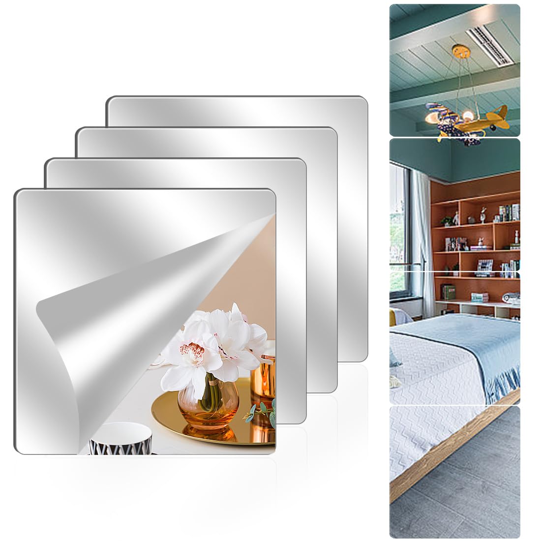 DHNMSYTLF 4 Pack Wall Mirror Full Length, 10 x 10 Inch Unbreakable Acrylic Mirror Tiles, Shatterproof Flexible Plastic Mirror Sheets for Bedroom Home Gym Door (4P 10"x 10")