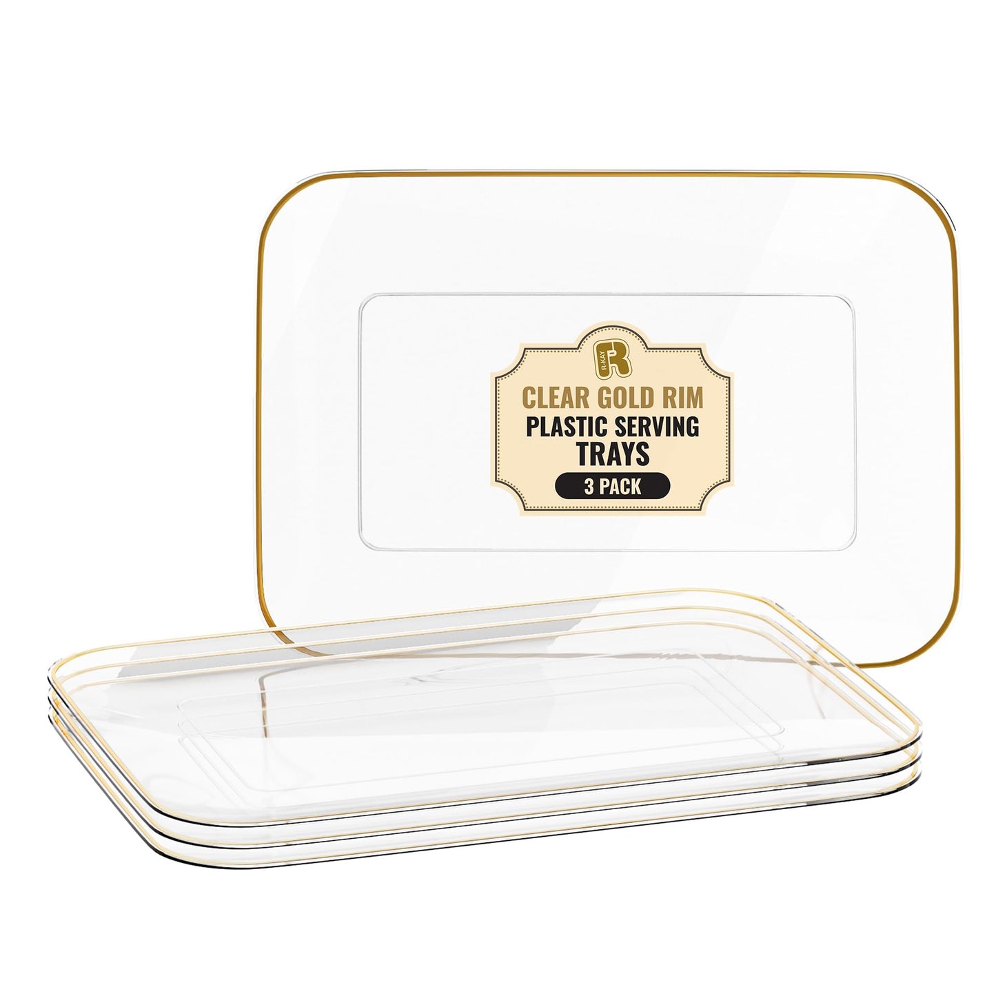 3 Pack Plastic Serving Trays for Party - Gold Serving Tray 8 x 11 Inch - Heavy Duty Dessert Trays for Food - Rectangular Party Serving Trays for Entertaining - Clear Cookie Platters