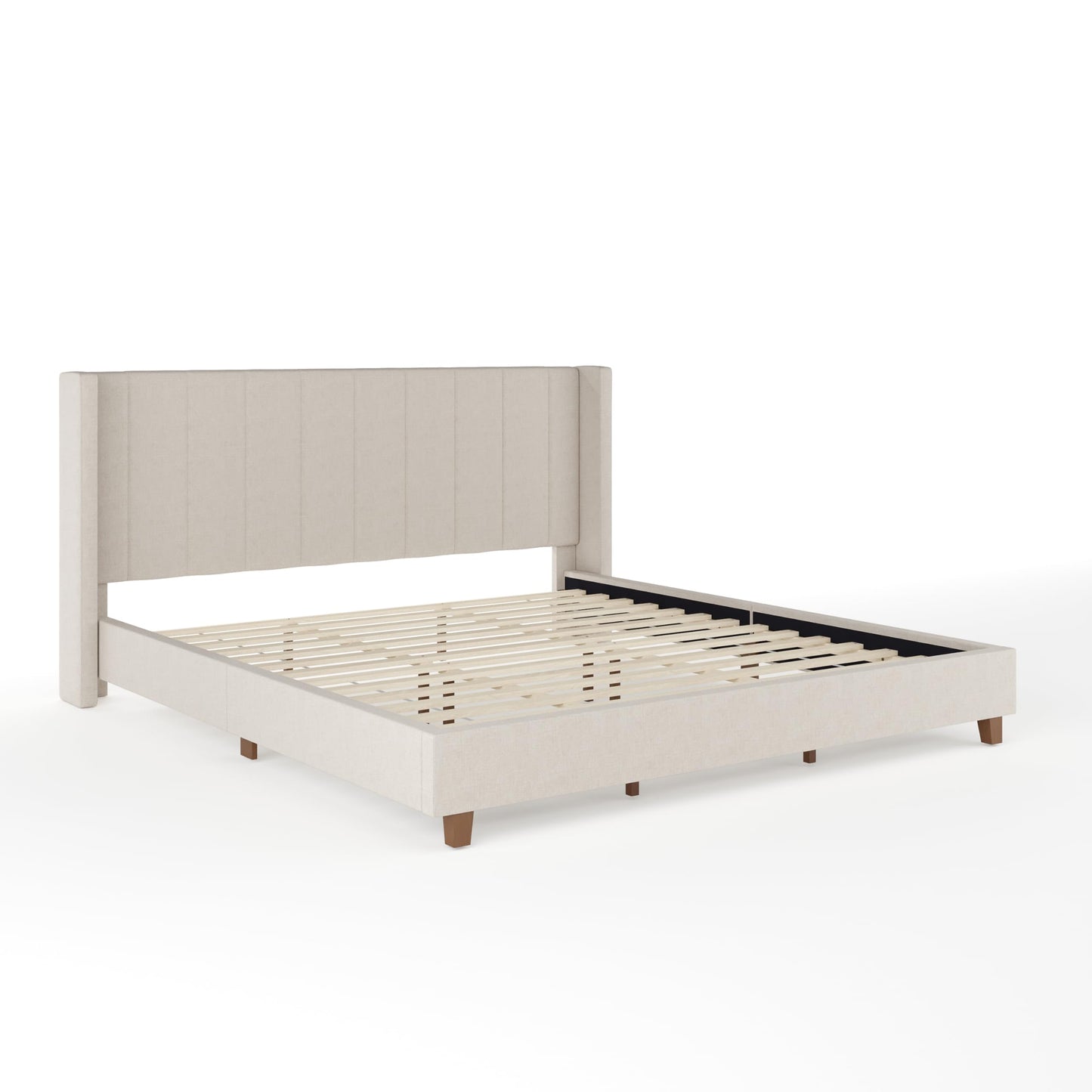 Martha Stewart Kay Low Profile Platform Bed with Wingback Headboard, Channel Stitched Faux Linen Upholstery, No Box Spring Needed, King, Beige