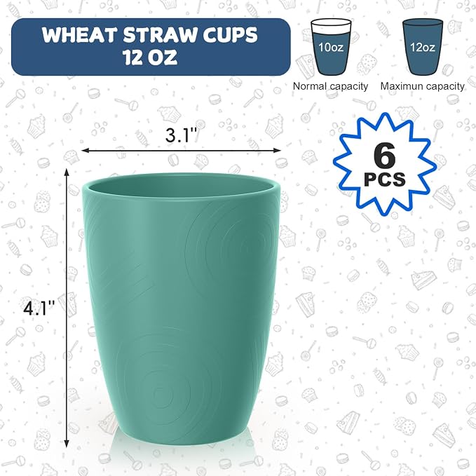 Wheat Straw Plastic Cups Set 6 PCS, 12 OZ Unbreakable Reusable Plastic Cups, Dishwasher Safe Kids Drinking Cups for Indoor and Outdoor Use, Green
