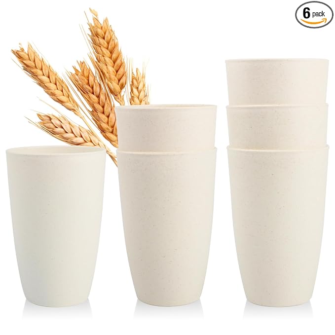 SINOGE Drinking Glasses Wheat Straw Cups 20 OZ PlasticTumbler Large Capacity Cups | Set of 6 | Reusable Plastic Tumbler Dishwasher Safe Water Glasses Drinking Cups for Kitchen - Beige