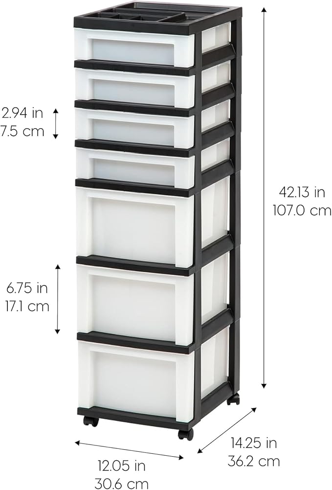 IRIS USA Plastic Drawer Storage Organizer Rolling Cart, with Wheels Casters, 2-Pack, 7-Drawers, for Classroom Art Craft Supplies Dresser Closet Bathroom Laundry Room, Black/Pearl