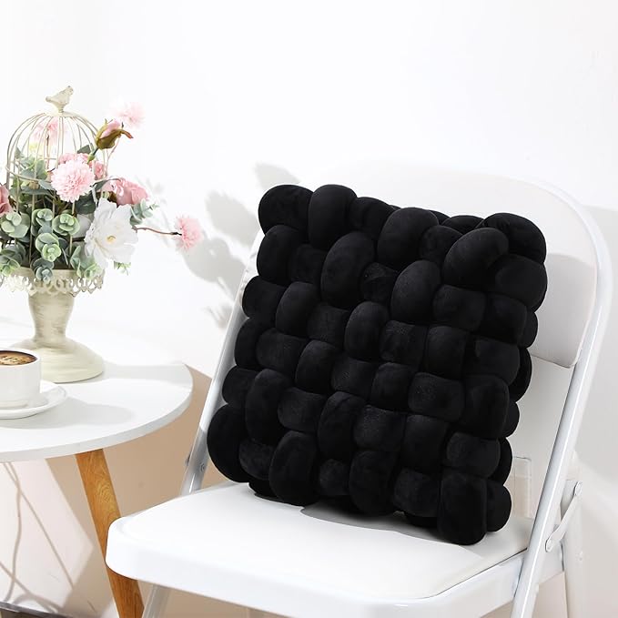 Wenqik 2 Pcs Knot Pillows Square Knotted Plush Throws Soft Accent Pillows Decoration Cushion for Couch Home Office Living Room Bedroom Bed Sofa Decor, 12'' x 13''(Black,Crystal Velvet)