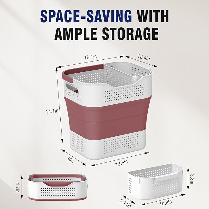 TECHMILLY Collapsible Plastic Laundry Basket Hamper with Handles, 35L Portable Rubber Clothes Basket, Pop Up Storage Container/Organizer with Hanging basket for Washing & Storage, Red