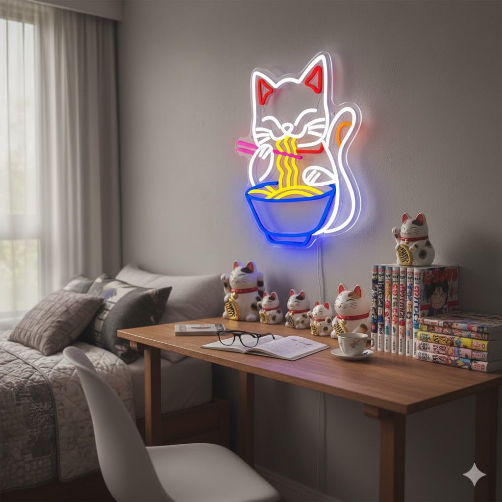 Fortune Cat Ramen Neon Sign, Dimmable Japanese Lucky Cat Noodle LED Neon Sign for Wall Decor, USB Powered for Restaurant Bar Party Bedroom Birthday Gifts(15.7 * 12.7in)