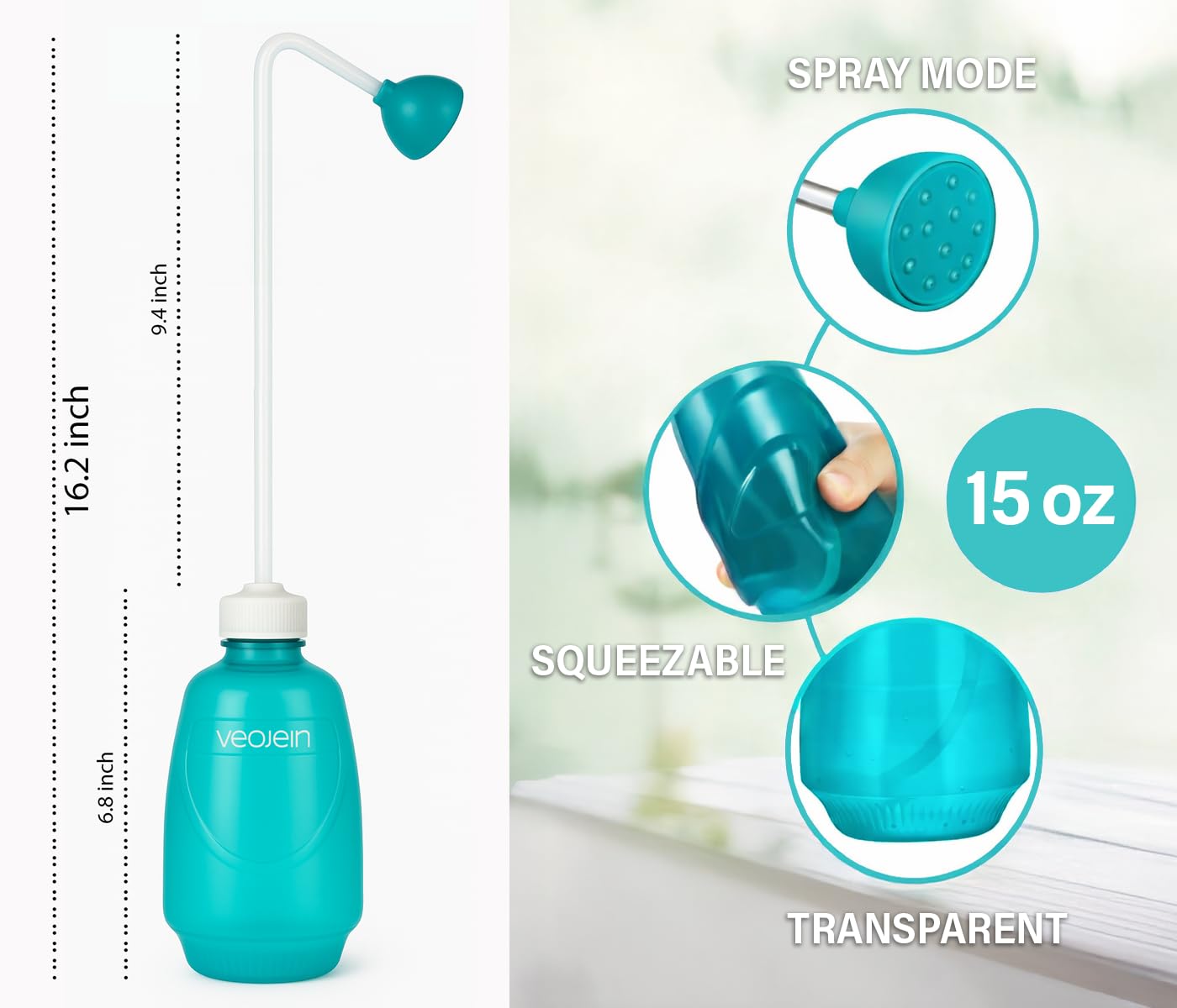 VEOJEIN Longest Spout Plant Watering Squeeze Bottle [16,2", Pack of 2], Watering Can for Hanging Plants, Original Extended Design for Hard-to-Reach Plants Indoor & Outdoor Watering, 15 oz (Teal)