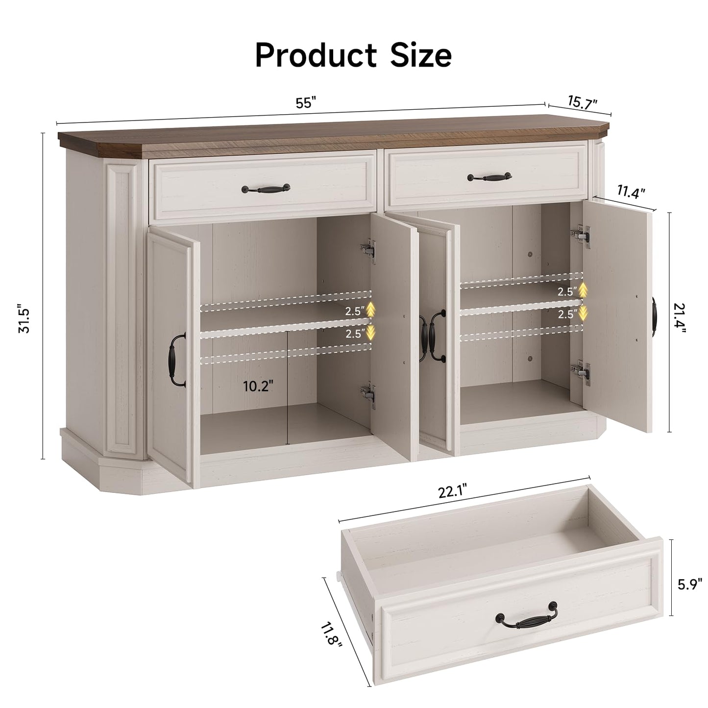 ONBRILL 55" Sideboard Buffet Cabinet with 2 Storage Drawers & 4 Doors, Modern Kitchen Sideboards and Buffets with Adjustable Shelves, Wood Coffee Bar Cabinet for Living Room, Entryway, Off-White