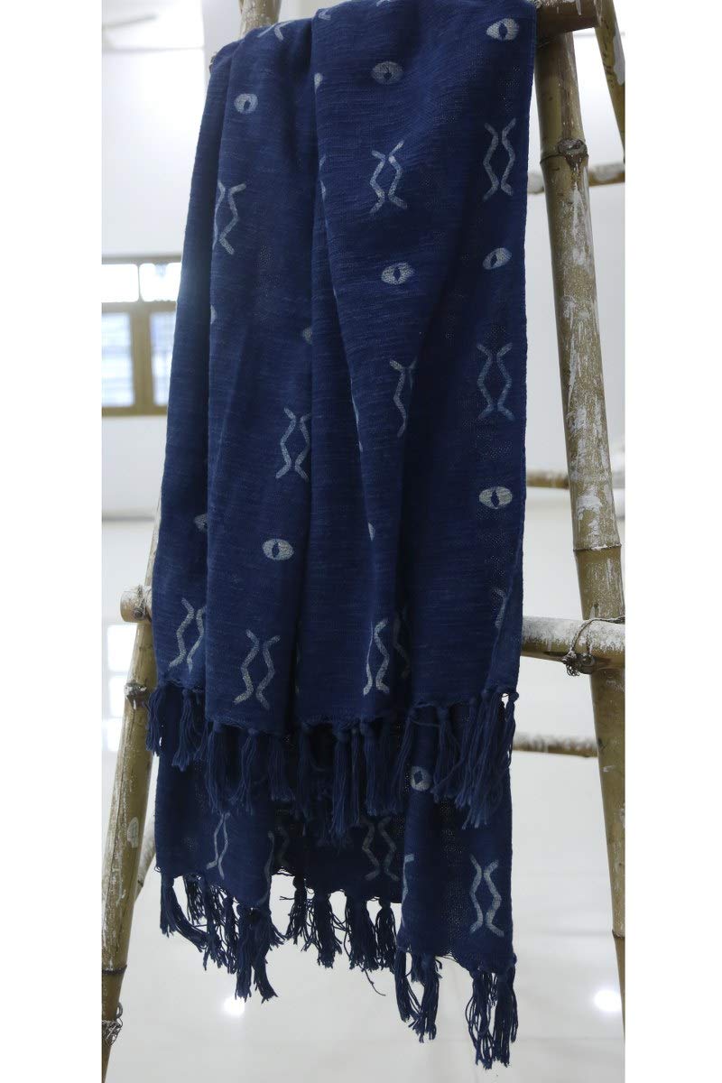 Trade Star 100% Cotton Throw Blanket Indigo Throw Blanket Handloomed Cotton Throw Mudcloth Designer with Tassels Handmade Premium Quality (50X70 INCHES Indigo Zen)