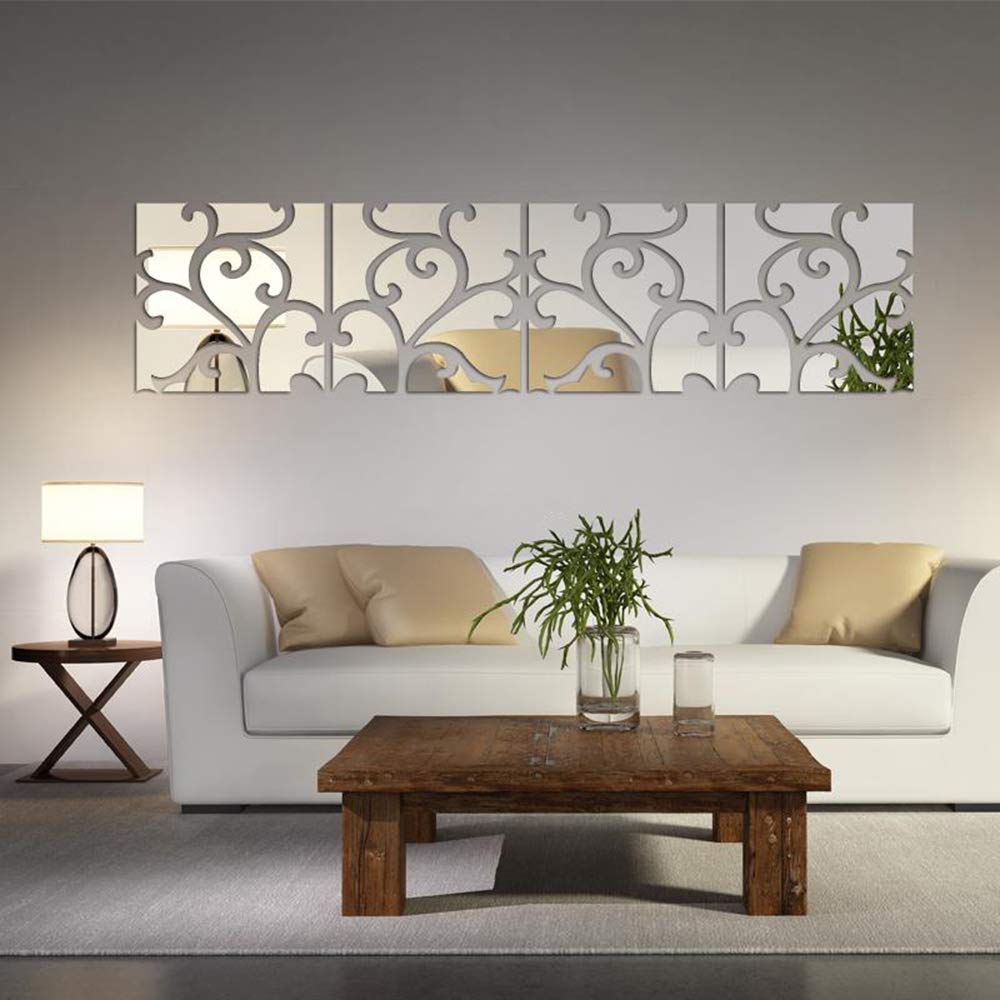 3D Mirror Wall Stickers, Acrylic Square Geometric Pattern DIY Art Decals, Self Adhesive Mirror Plastic Wall Sheet Tiles Home Decoration for Living Room Bedroom Stair Wall Decor (Floral- 8pcs)