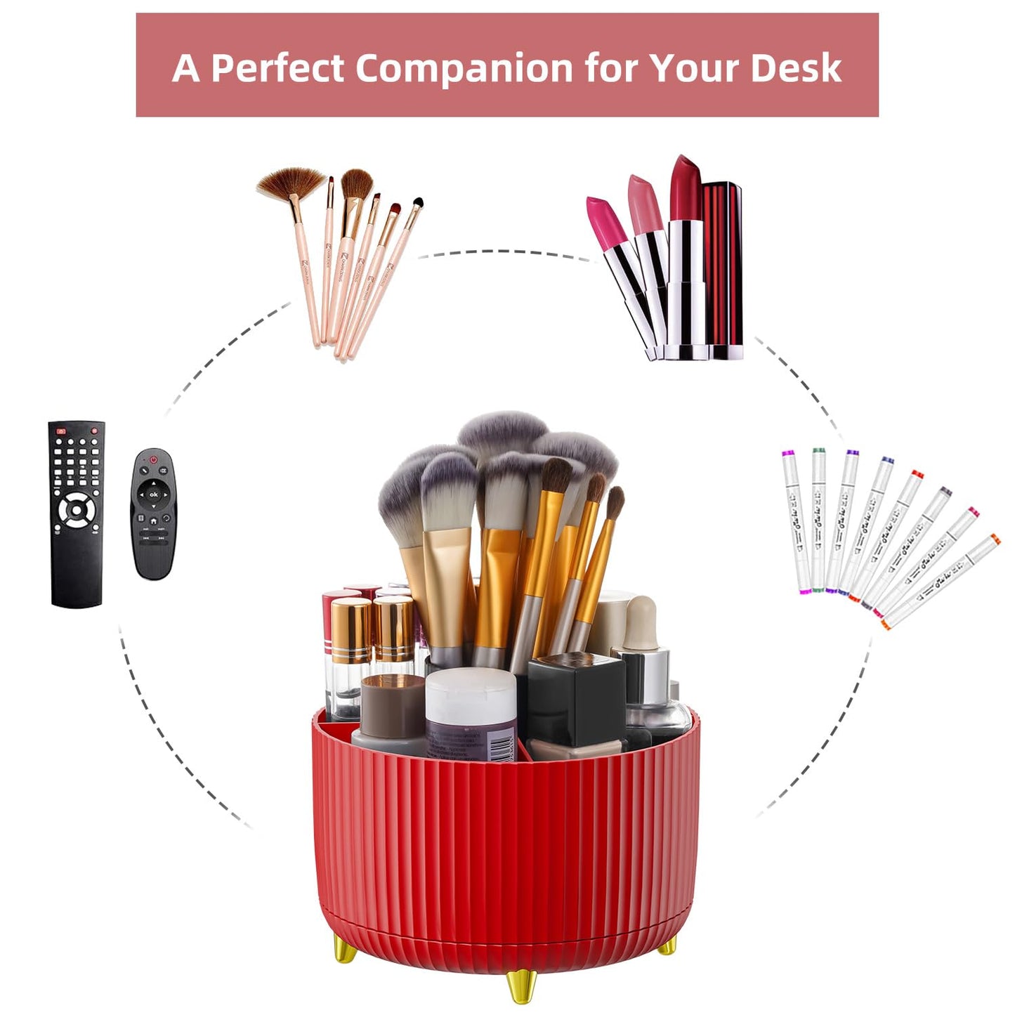 Marbrasse Desk Organizer, 360-Degree Rotating Pen Holder for Desk, Desk Organizers and Accessories with 5 Compartments Pencil Organizer, Art Supply Storage Box Caddy for Office, Home (Red)