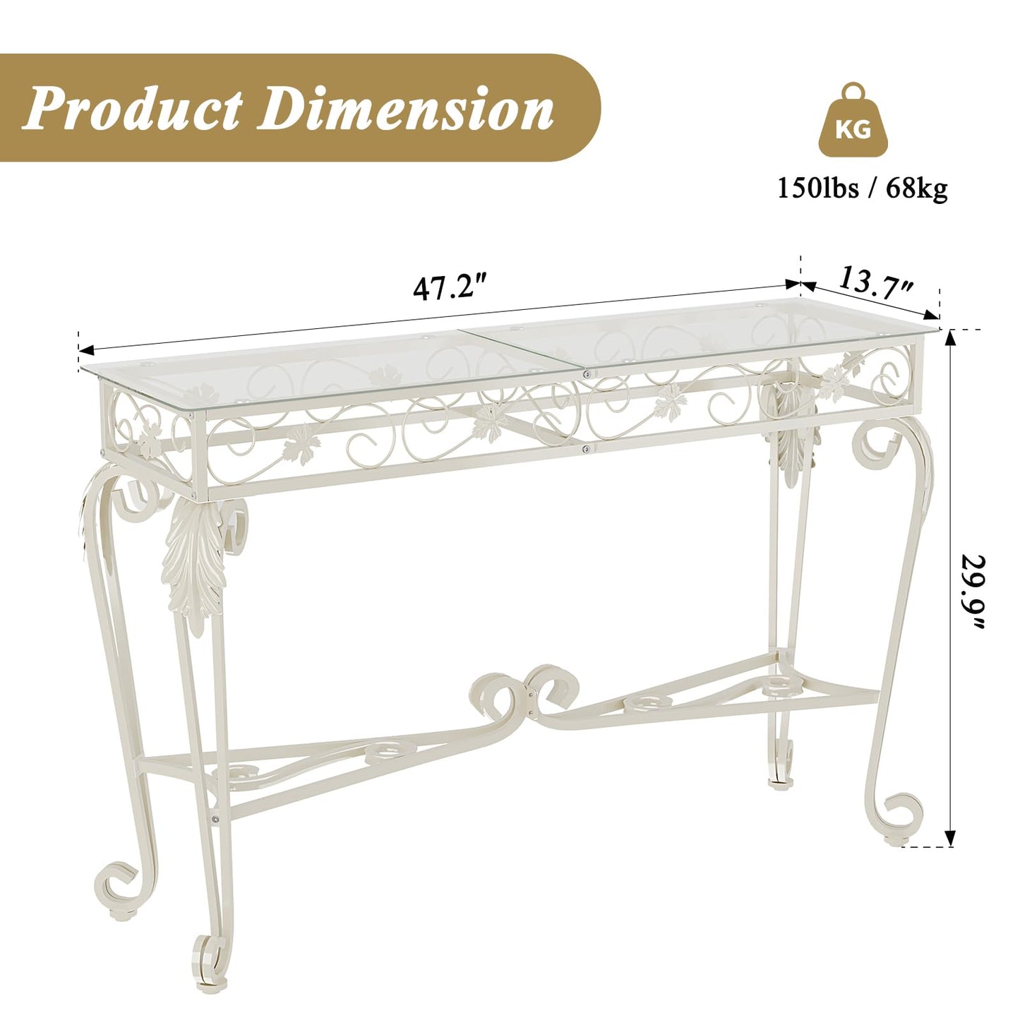 HavenlyYouth Console Table 47.2", Tempered Glass Sofa Table with Metal Frame, Console Tables for Living Room, Entryway, Hallway, Foyer, Adjustable Feet (White)