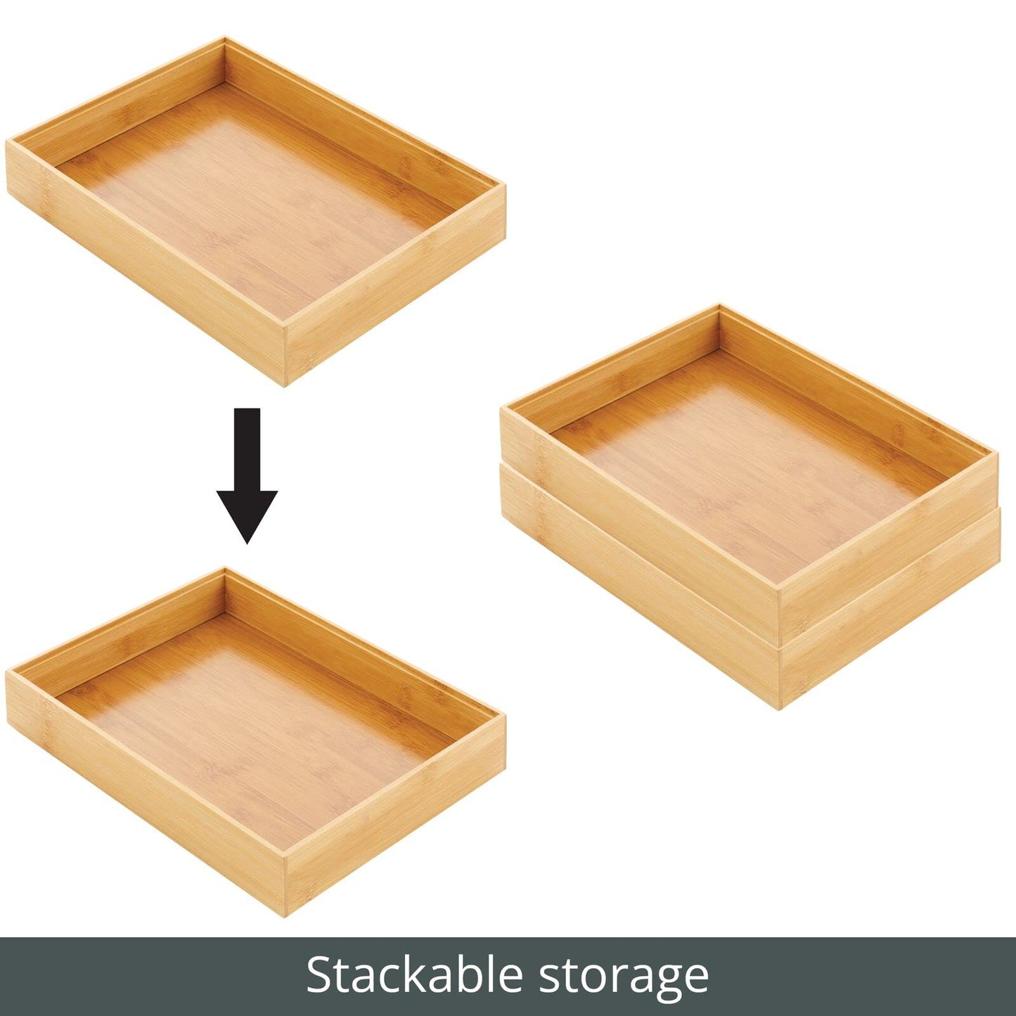 mDesign Bamboo Wood Stackable Drawer Organizer Bin Box for Kitchen; Holds Silverware, Cutlery, Utensils - Echo Collection - 2 Pack - Natural