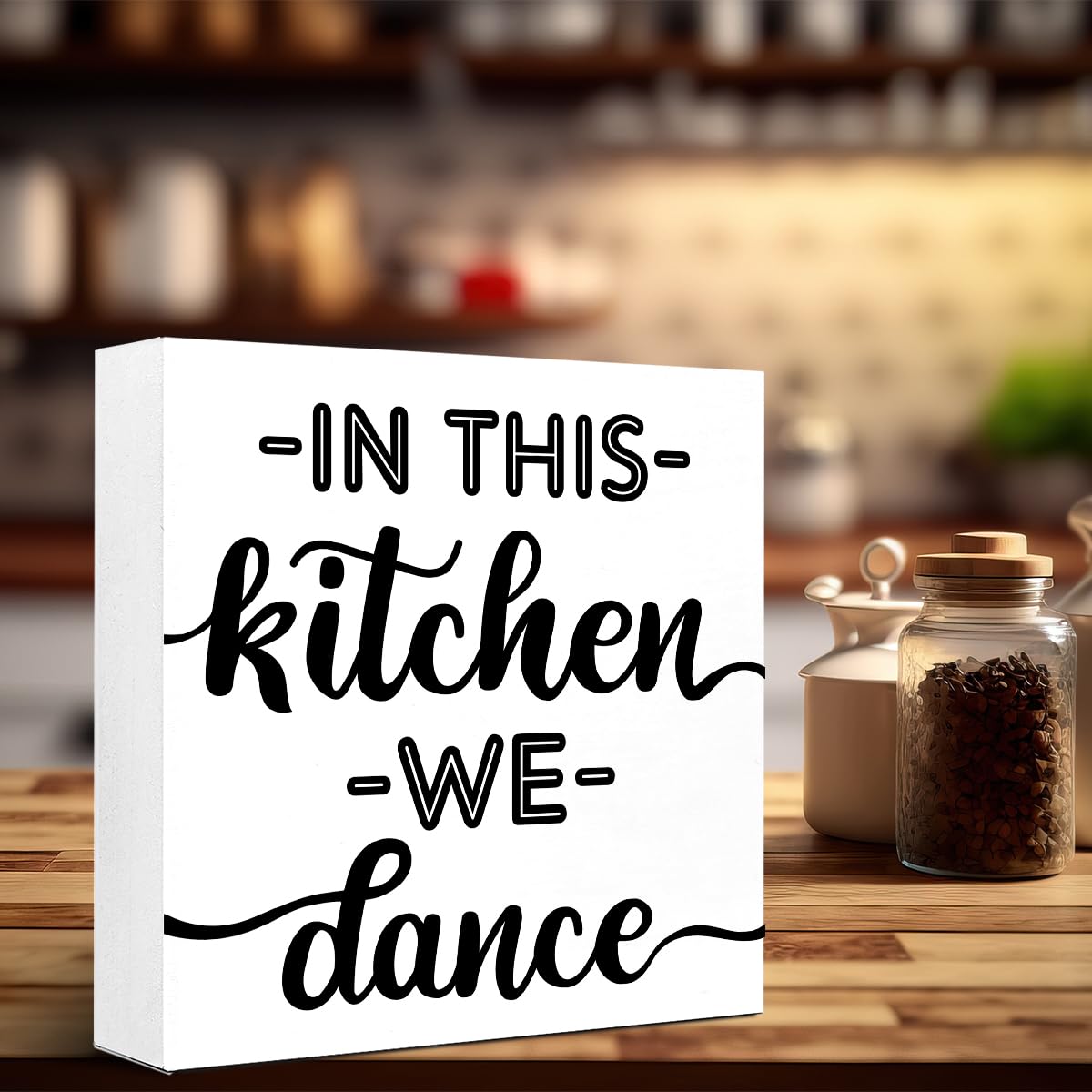 LVQHI Joyful Wooden Block Sign With "In This Kitchen We Dance" Quote, Whimsical Kitchen Dance Sign, Home Dance Decor For Party Kitchen, Music Lover's Kitchen Decor 5"L x 5"W x 1.2"H V612