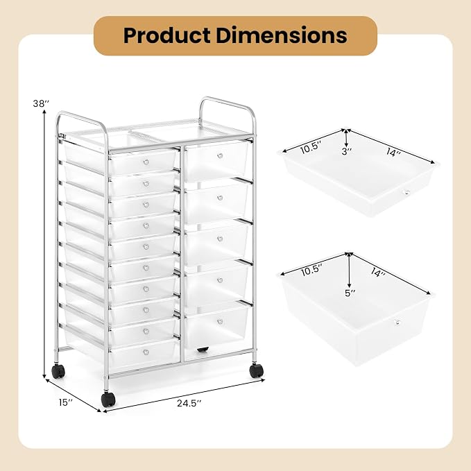 Giantex 15 Drawer Rolling Cart with Drawers, Storage Organizer Cart for Classroom Office School Teacher, Mobile Drawer Cart for Tools, Crafts, Small Printer, Clear