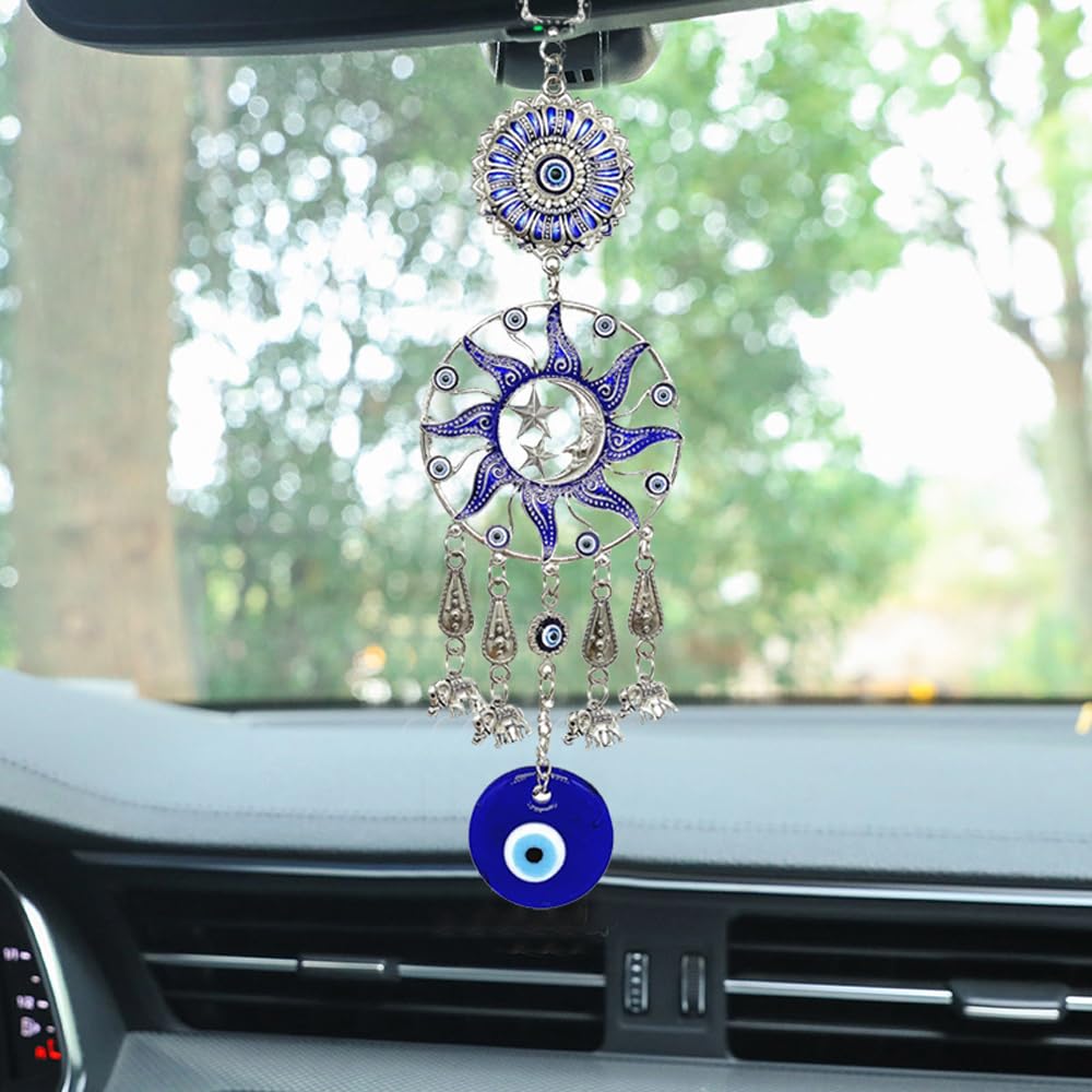 Turkish Evil Eye Wall Hanging, Blue Silver Sun Moon Stars Design with Elephant Charms, Traditional Protection Amulet Decor (1, Moon Star)