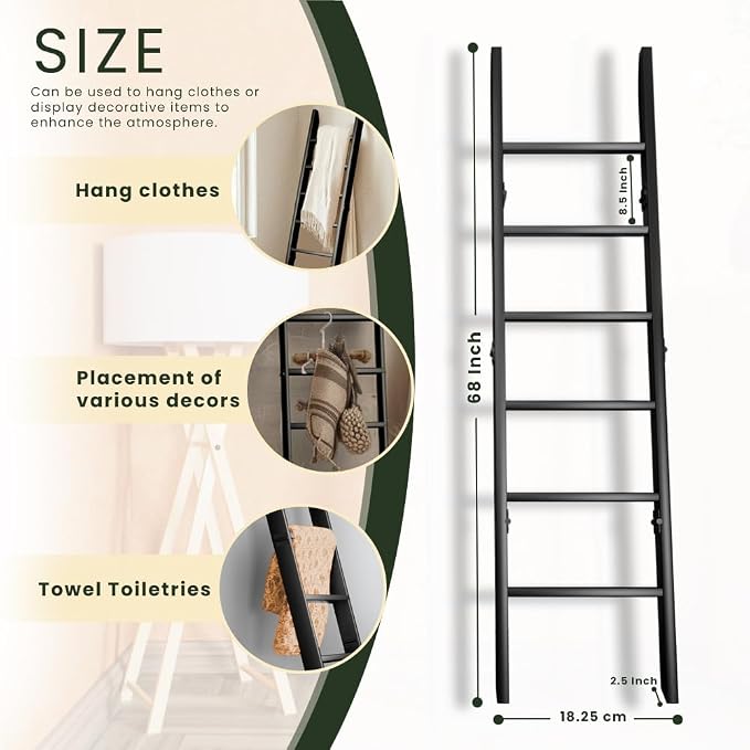 Decorative Foldable Wooden Blanket Ladder with Hooks, 6-Tier Pine Wood Quilt Ladder 68" — Easy Assembly, Anti-Slip, Farmhouse Decor Rack Stand for Living Room, Bedroom Bathroom (Black)