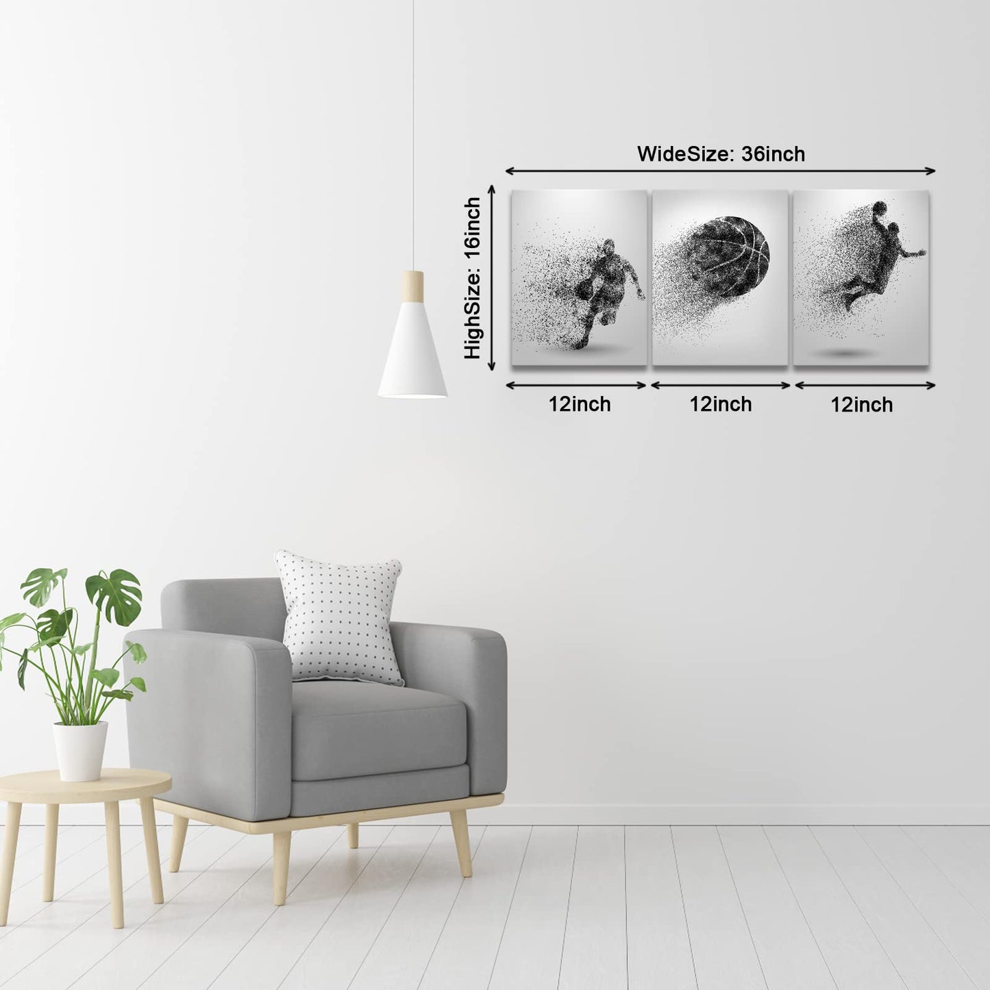 Basketball Canvas Wall Art - Black and White Sports Poster - Particle Silhouette - Set of 3 Framed Ready to Hang