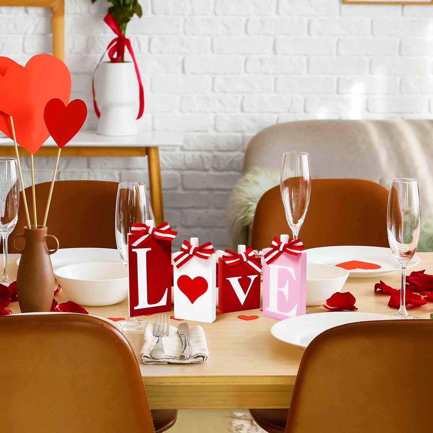 Gift Boutique Valentine's Day Love Heart Block Signs Set of 4 Red Pink White Rustic Wooden Table Tiered Tray Decor Home Wedding Party Decoration Gifts