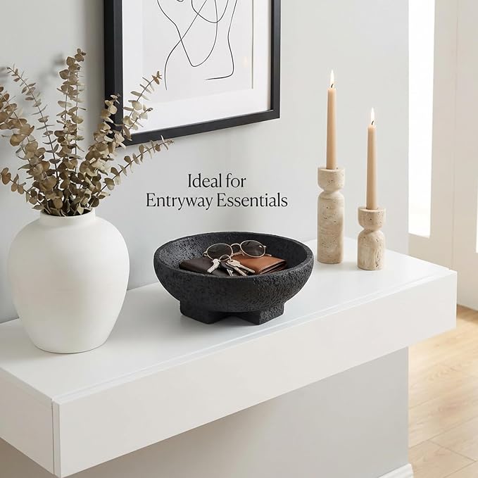 FESTGLOX Black Decorative Bowls, Large Pedestal Fruit Bowl for Kitchen Counter, Resin Key Bowl for Entryway Table, 9 Inch Modern Candy Bowl for Coffee Table Centerpiece