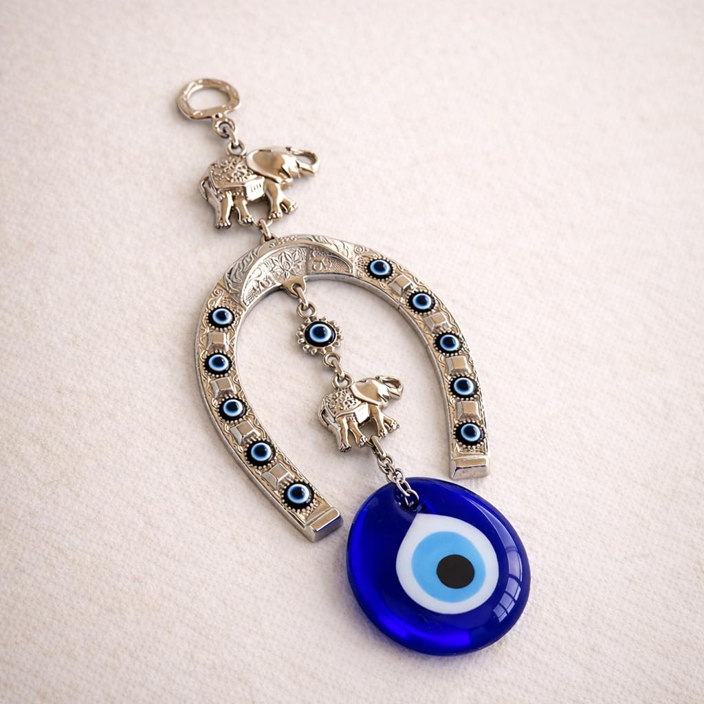 Erbulus Turkish Silver Horse Shoe Blue Evil Eye Wall Hanging Ornament with Elephant - Turkish Nazar Bead Amulet – Home Protection and Good Luck Charm Gift in a Box