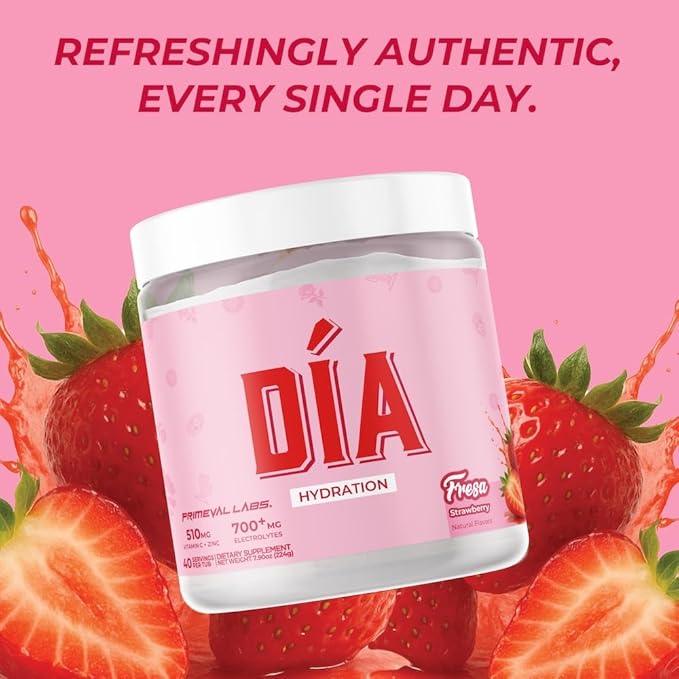 Primeval Labs Dia Hydration Electrolyte Powder | Vitamin C + Zinc, Taurine & Electrolytes | Low Sugar Daily Hydration Drink | 40 Serving Tubs | Fresa