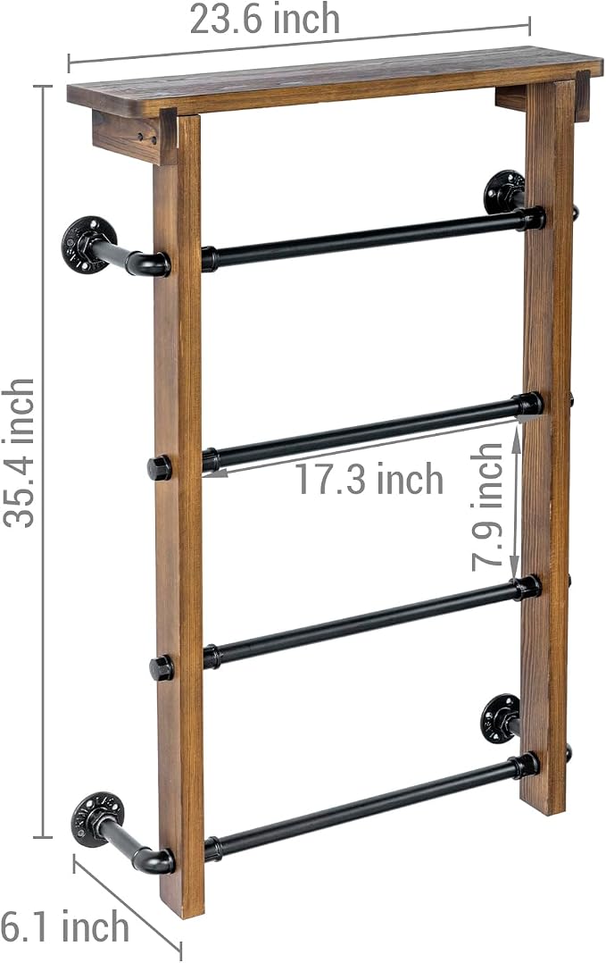 MyGift 4-Tier Wall Mounted Towel Rack Ladder with Top Storage Shelf, Rustic Burnt Solid Wood Hanging Towel Holder with 4 Black Industrial Metal Pipe Rungs Bar Design