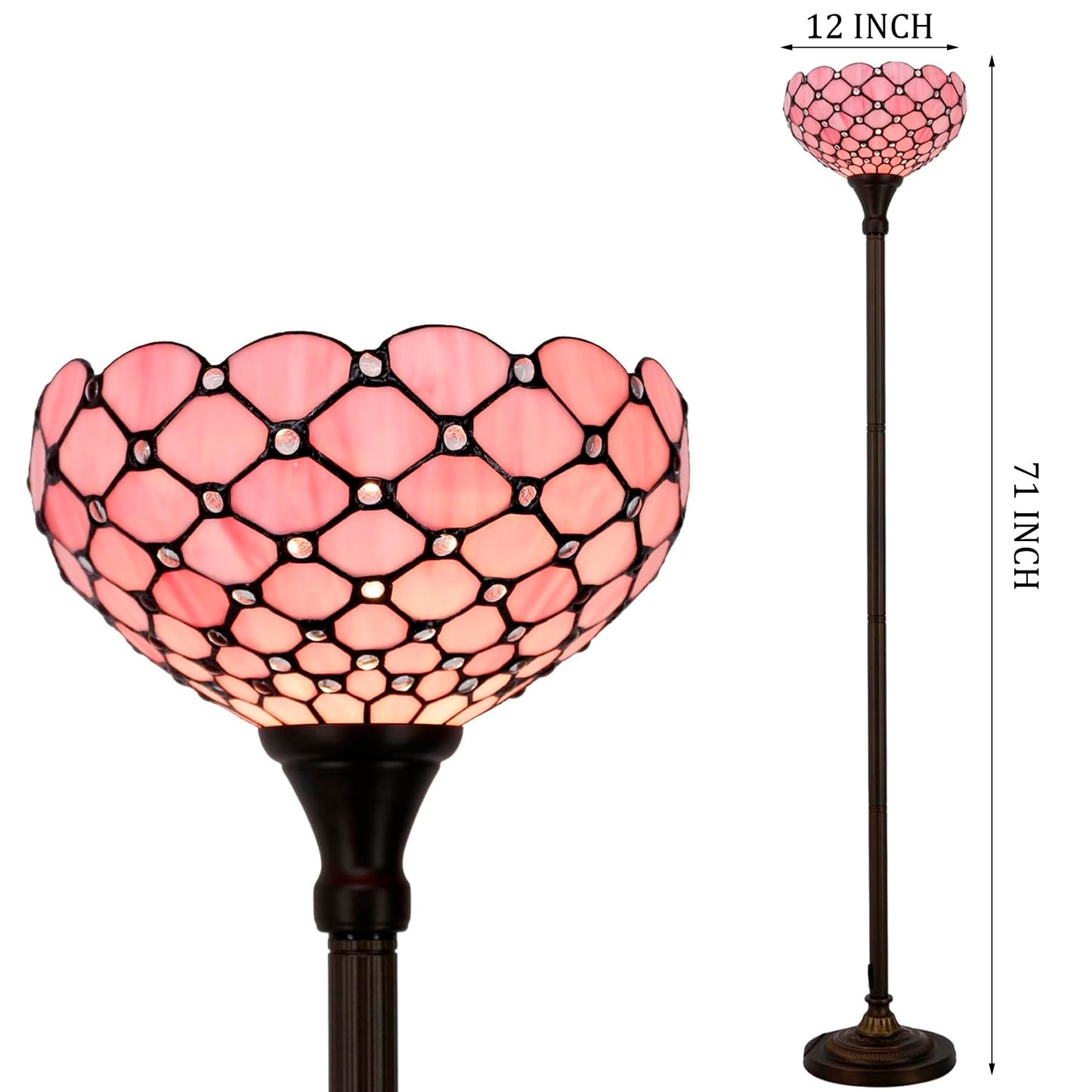 WERFACTORY Tiffany Floor Lamp Pink Stained Glass Pearl Bead Light 12X12X71 Inches Torchiere Standing Corner Torch Uplight Decor Bedroom Living Room Home Office S005P Series